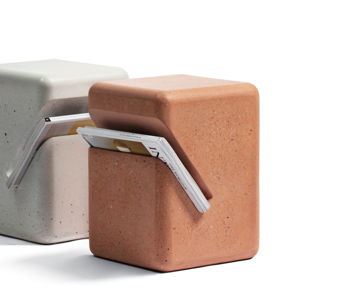 side tables in white and terrazzo with magazine holder