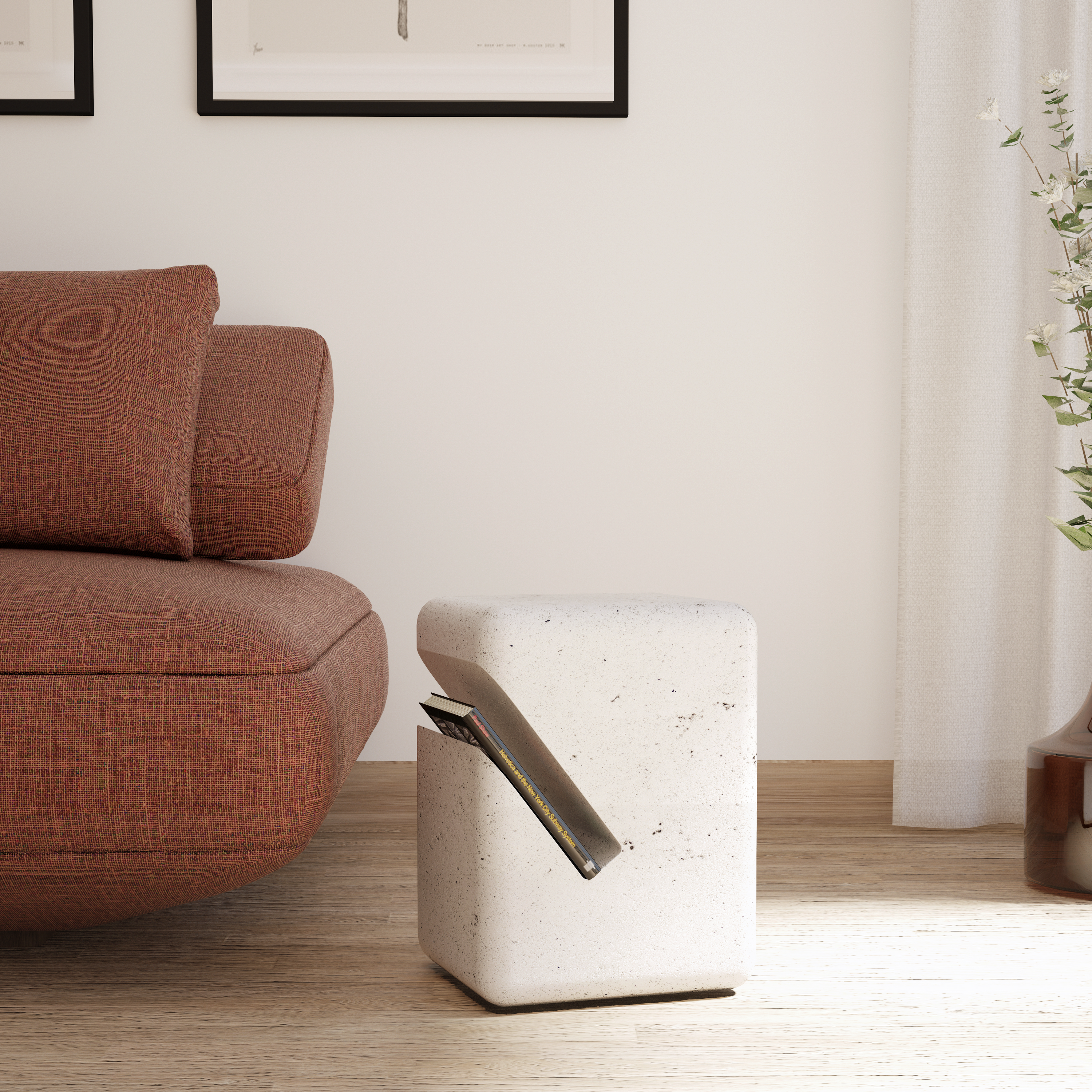 White concrete side table next to a sofa