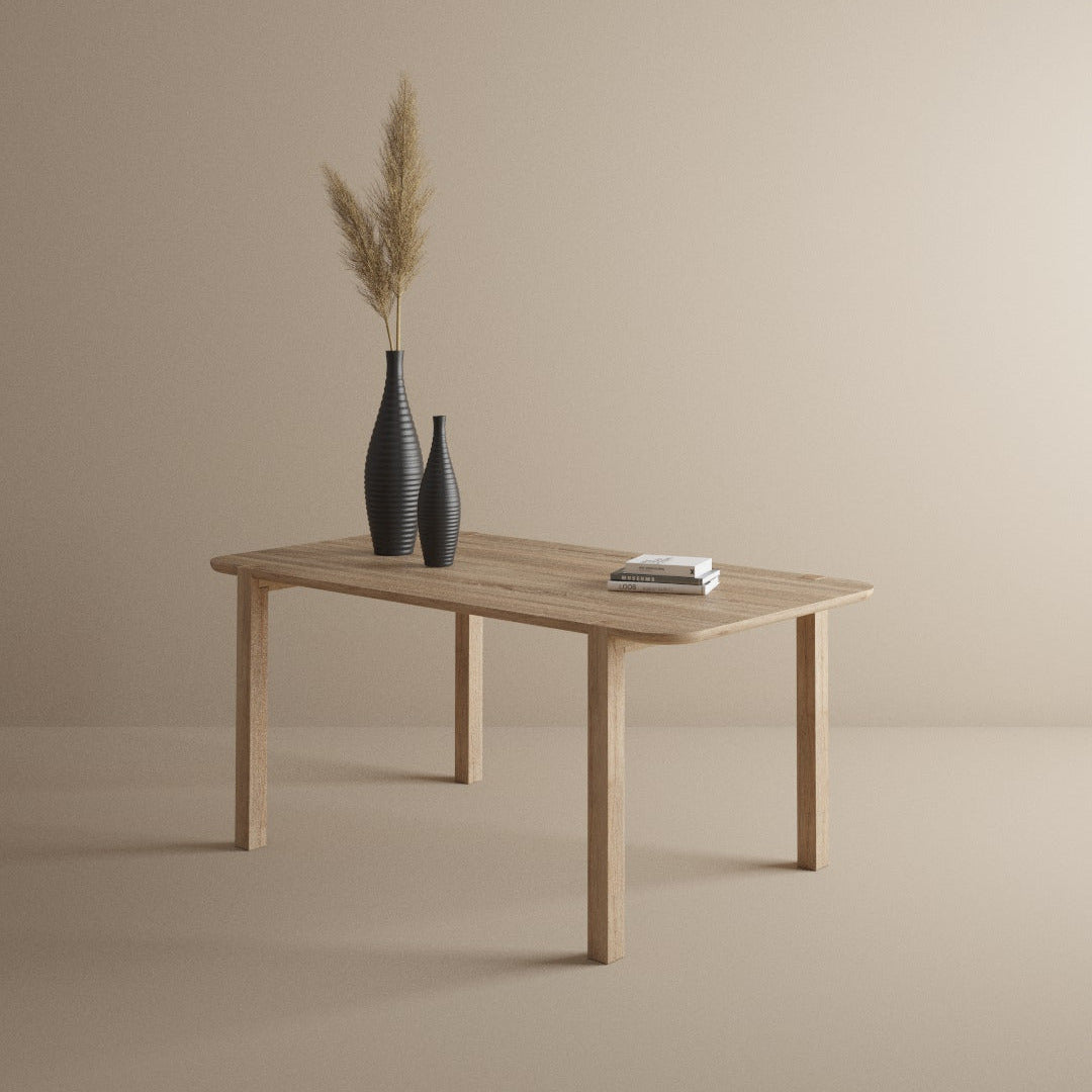 oak dining table with soft beige backround