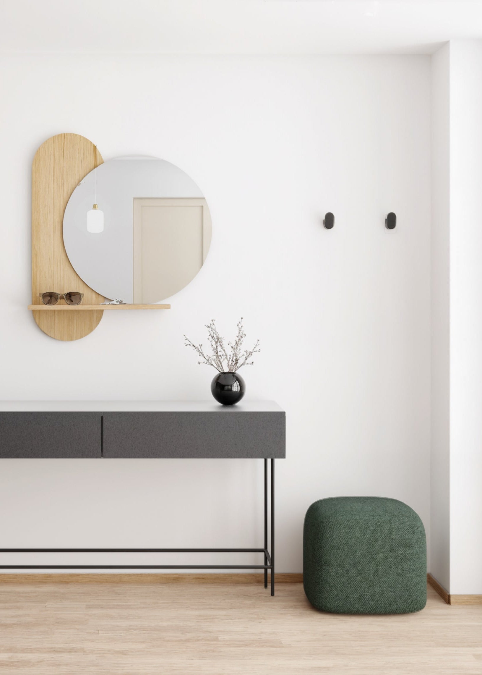Modern entryway console with round mirror, wooden shelf, grey table, and green pouf