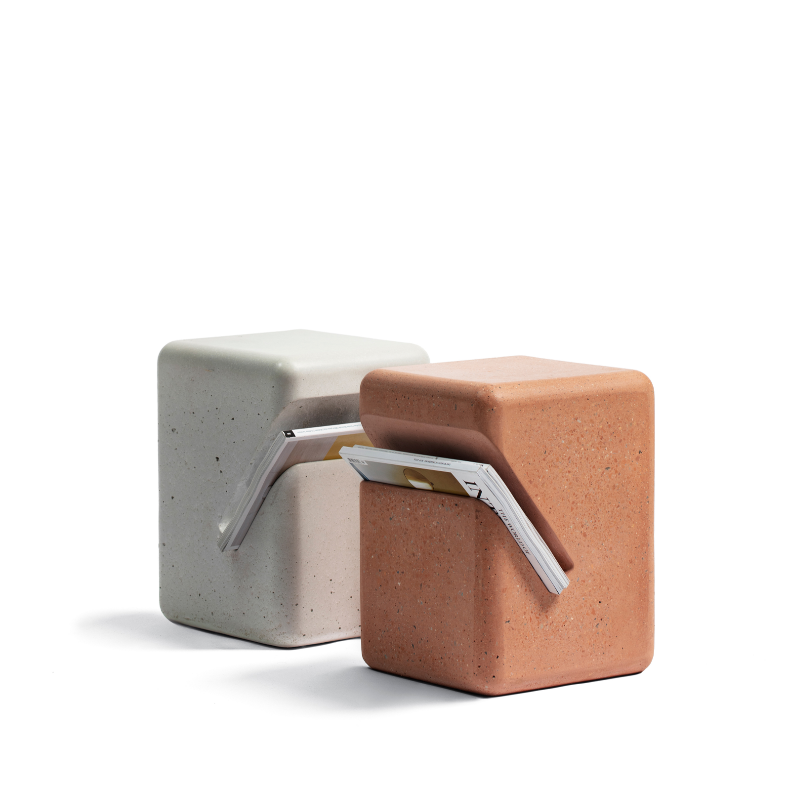 side tables in white and terrazzo with magazine holder