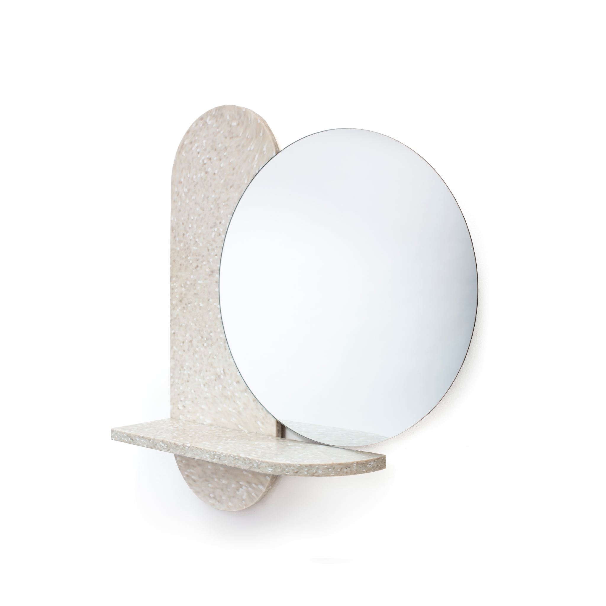 Round wall mirror with shelf in beige side view