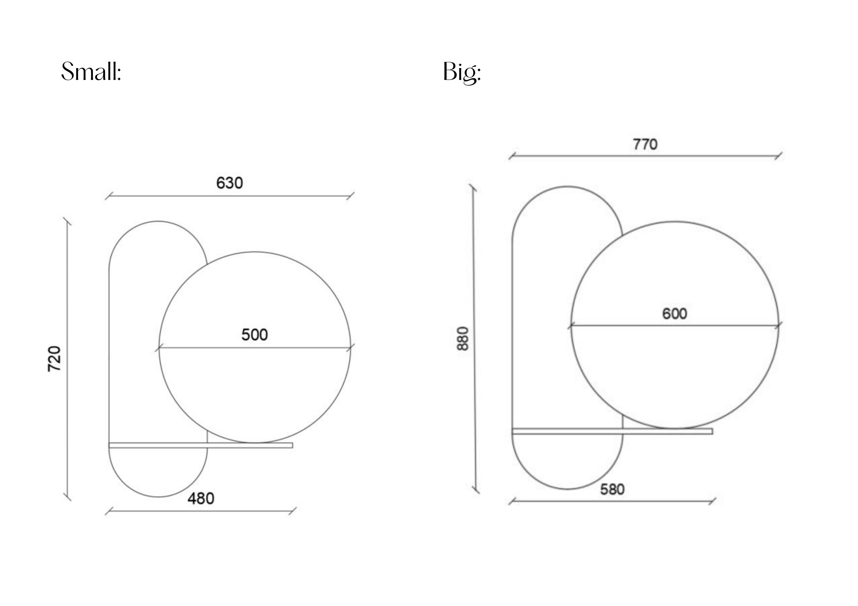 Dimensions of a Karlen round wall mirror with measurements in millimeters.