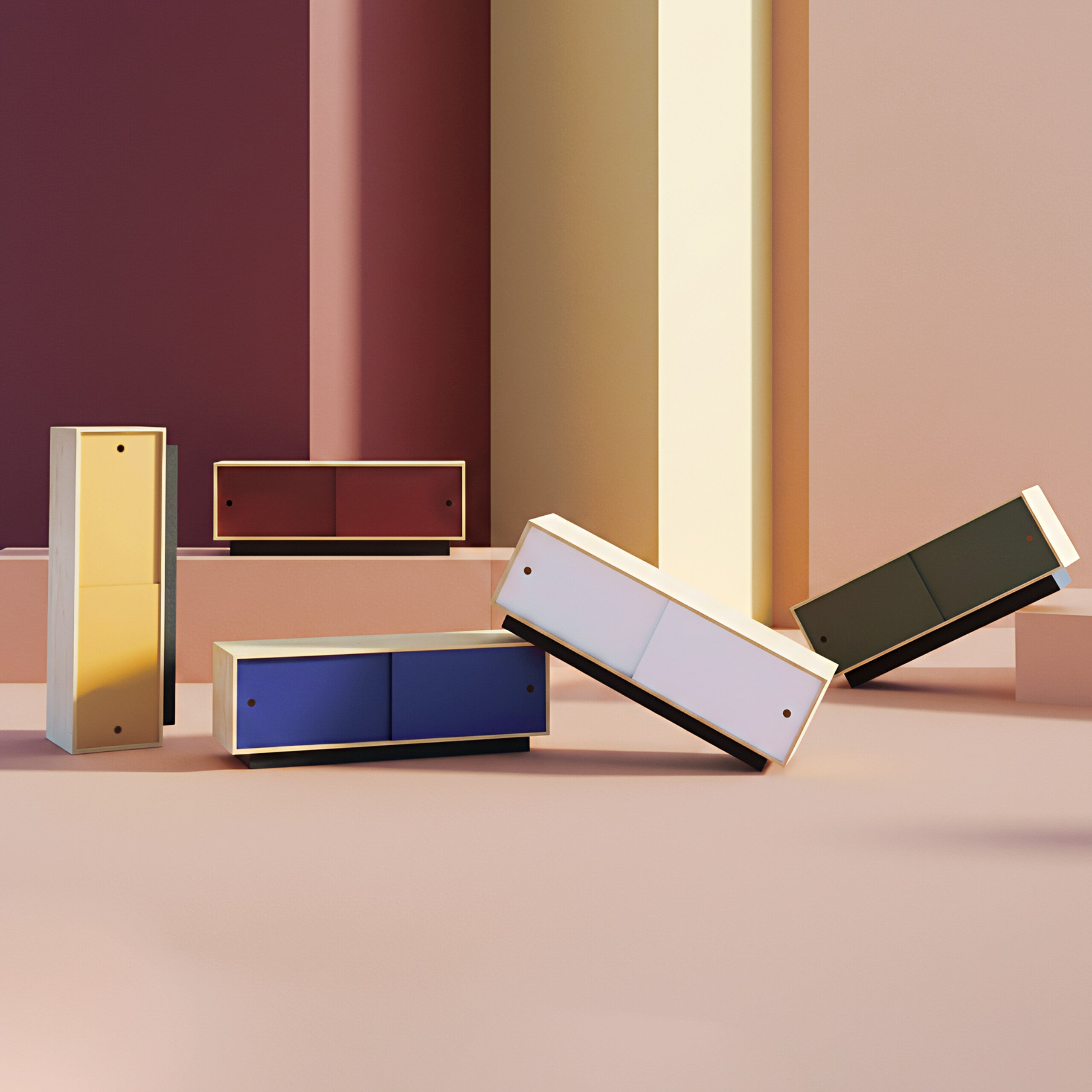 Colourful sideboards on futuristic architectural colourful background