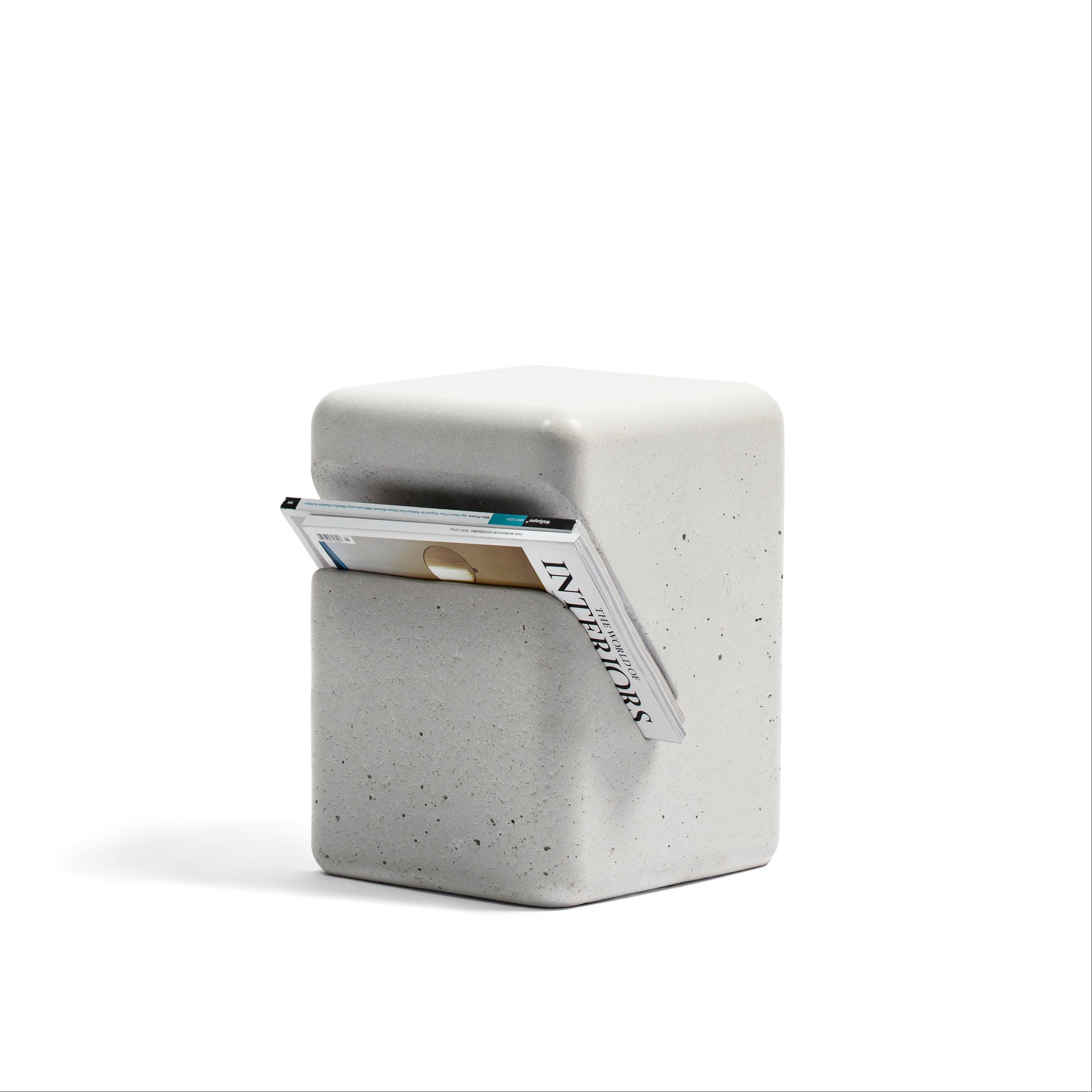 white recycled concrete side table