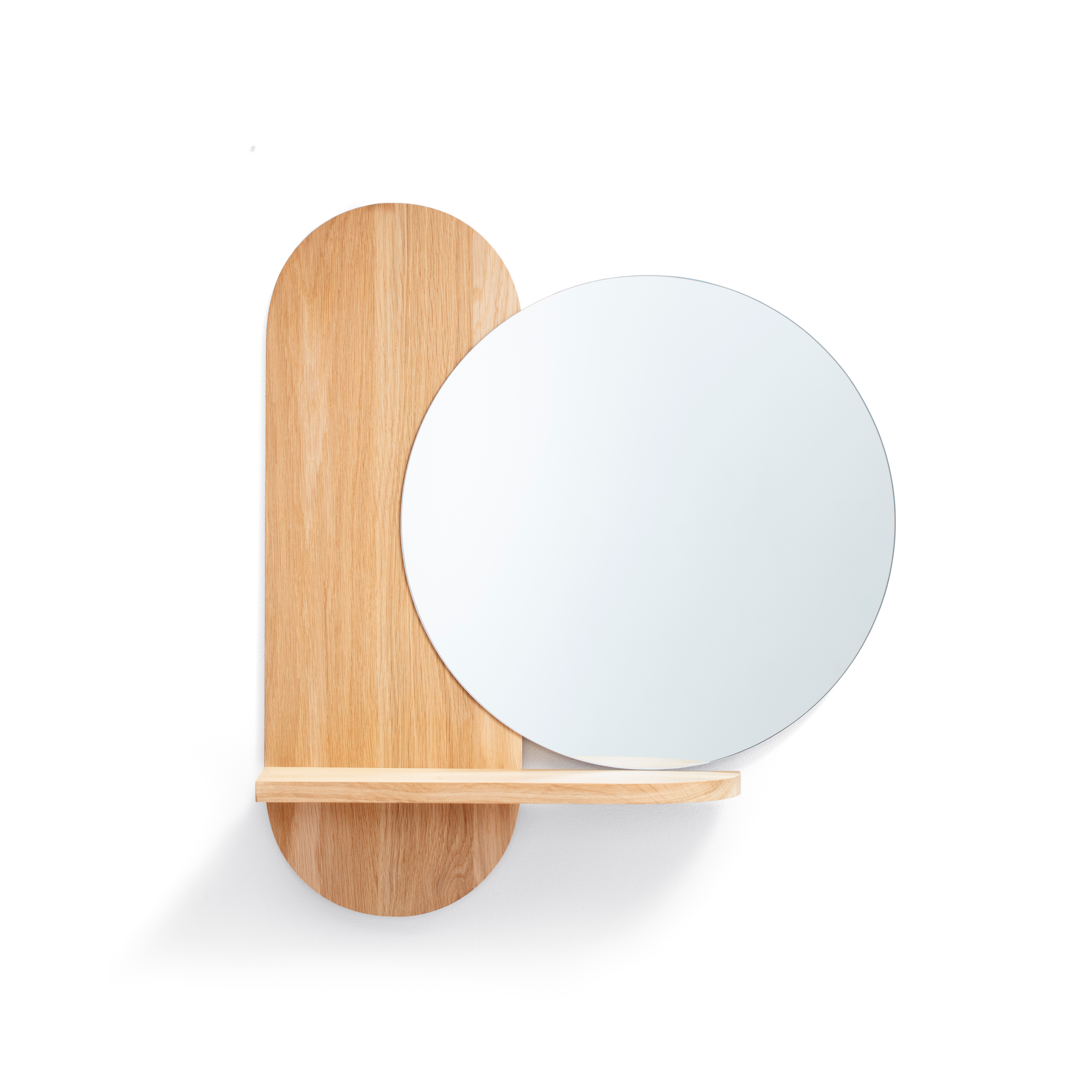 Karlen round wall mirror with shelf in wood